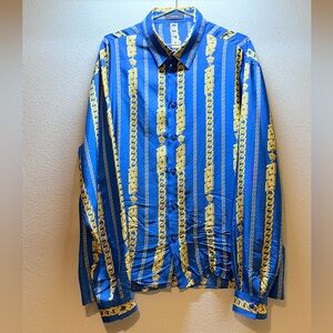 Versace Blue and Gold Vertical Chain-Print Button Down Shirt